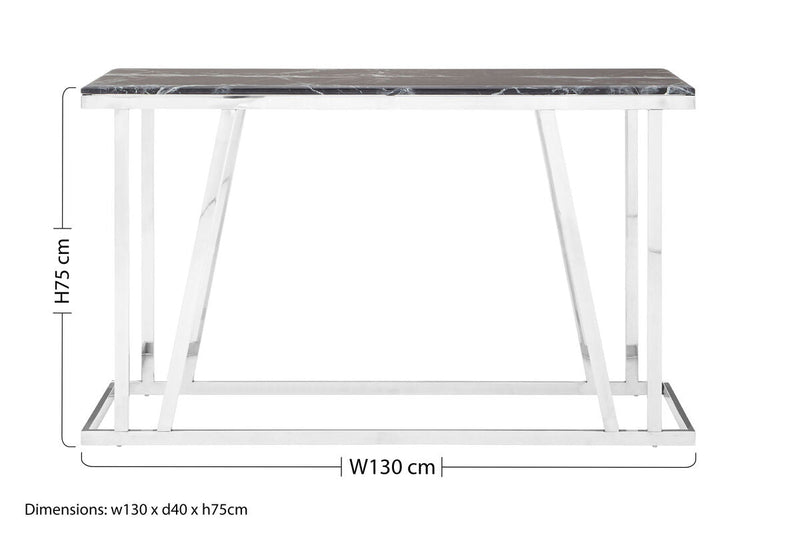 Black Marble Top Console Table with Reflective Silver Finish Stainless Steel Frame | Ackley