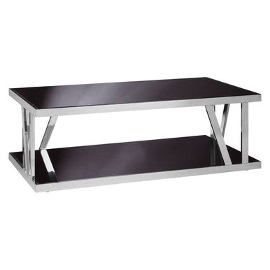 Black Tempered Glass Two-Tier Design Coffee Table with Silver Stainless Steel Frame | Ackley