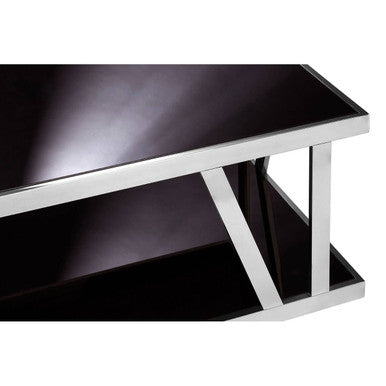 Black Tempered Glass Two-Tier Design Coffee Table with Silver Stainless Steel Frame | Ackley