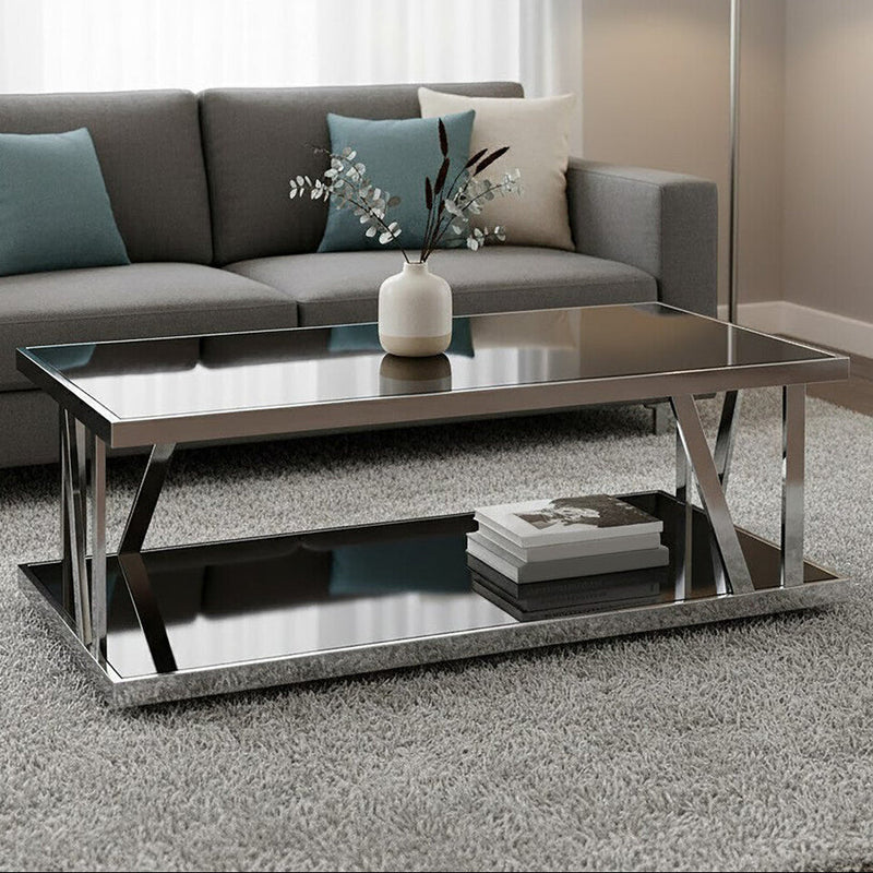 Black Tempered Glass Two-Tier Design Coffee Table with Silver Stainless Steel Frame | Ackley