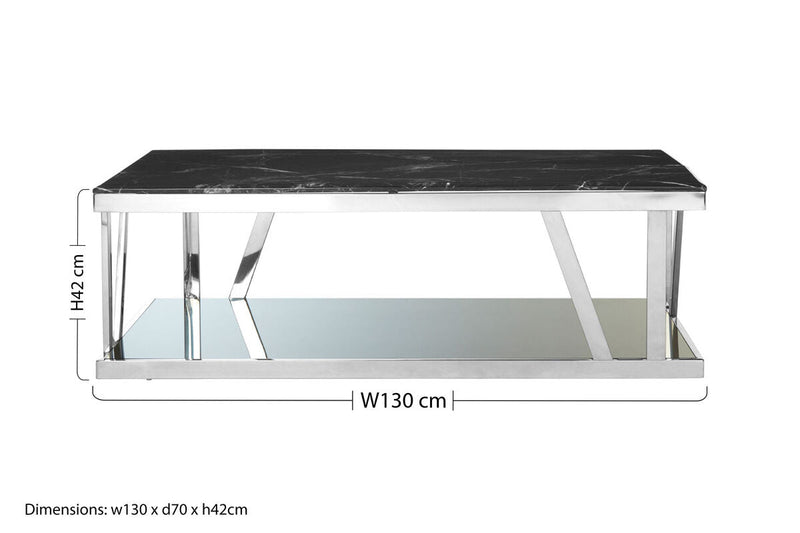 Black Marble Top and 1 Lower Shelf Coffee Table with Silver Stainless Steel Frame | Ackley