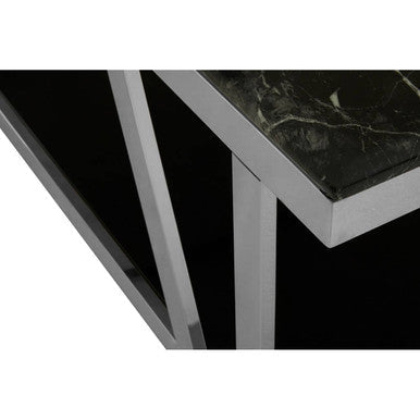 Black Marble Top and 1 Lower Shelf Coffee Table with Silver Stainless Steel Frame | Ackley