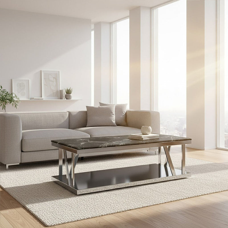Black Marble Top and 1 Lower Shelf Coffee Table with Silver Stainless Steel Frame | Ackley