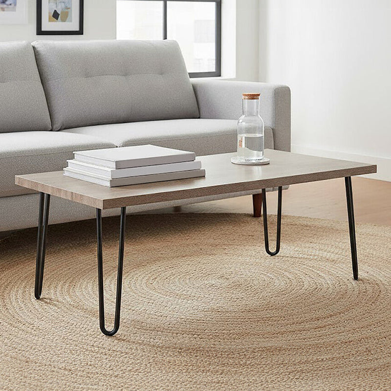 Natural Wood Effect Veneer Coffee Table with Black Metal Hairpin Legs | Borough