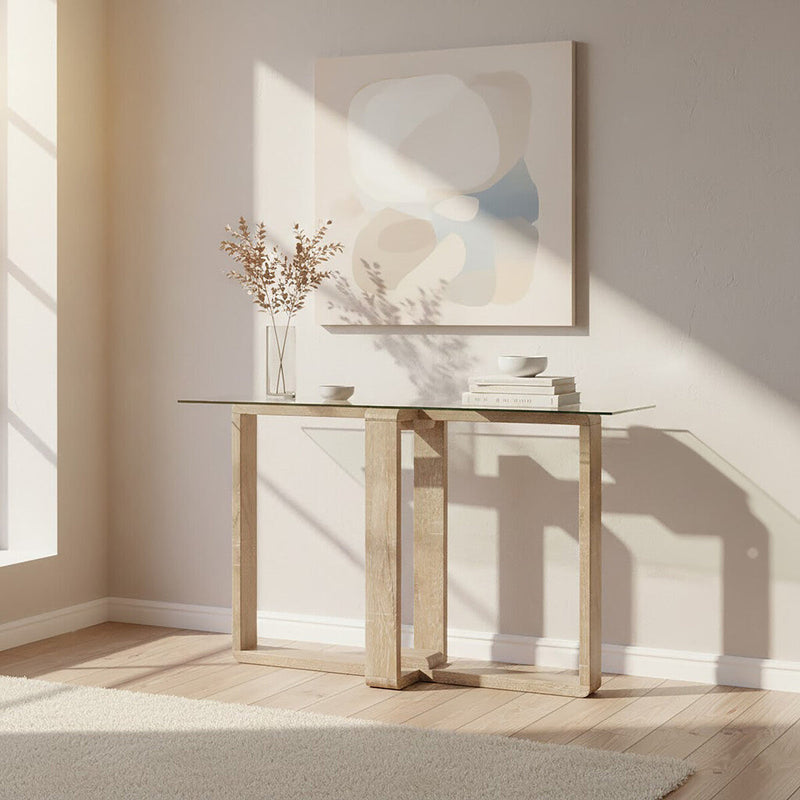 Clear Tempered Glass Top Console Table with Natural Wood Effect Legs | Barton