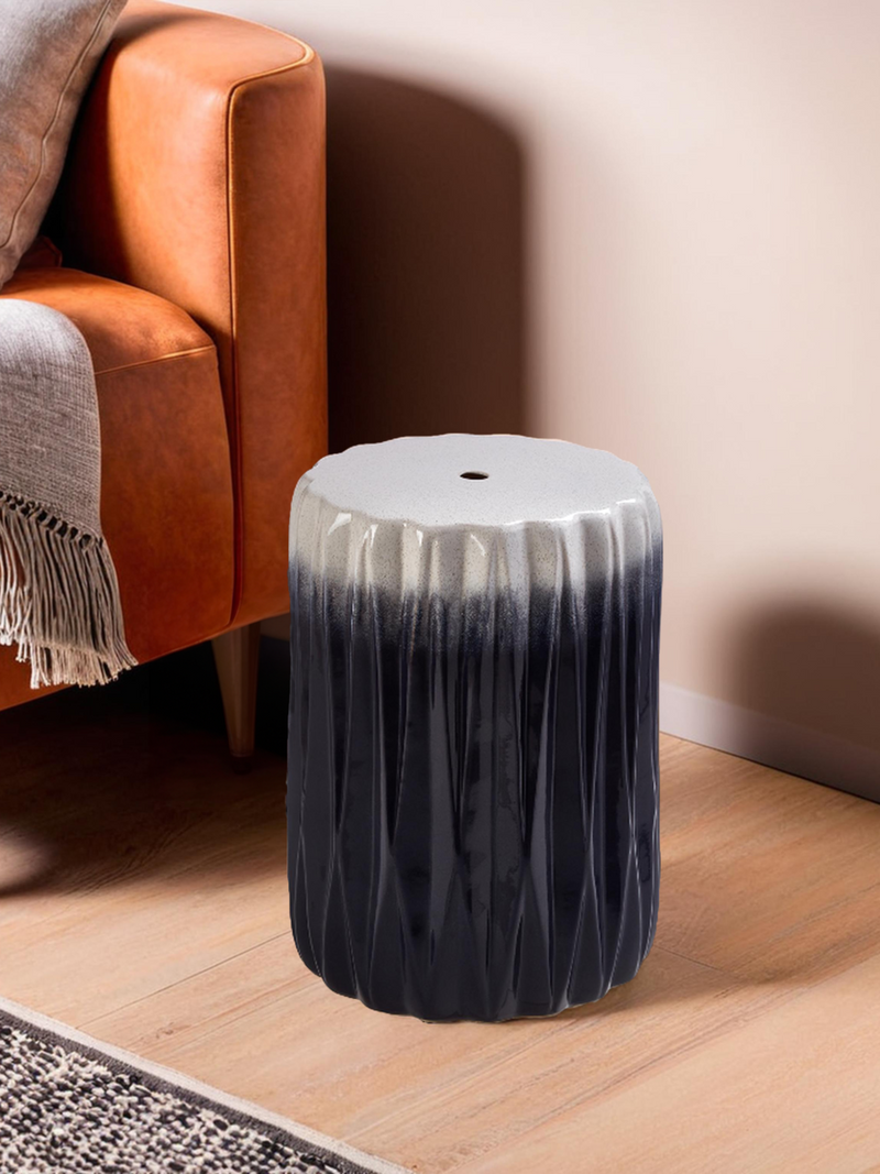 Ombre Blue and White Ceramic Side Table and Stool with Fluted Texture | Azul
