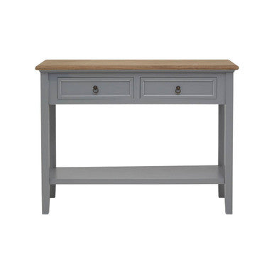Natural Wooden Top and Grey Wooden Frame Console Table with 2 Drawers and Metal Ring Handles | Henley