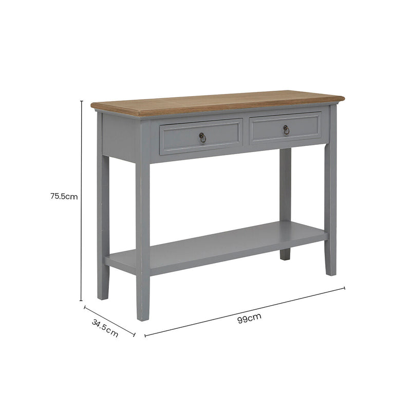 Natural Wooden Top and Grey Wooden Frame Console Table with 2 Drawers and Metal Ring Handles | Henley