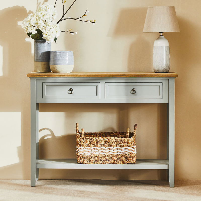 Natural Wooden Top and Grey Wooden Frame Console Table with 2 Drawers and Metal Ring Handles | Henley
