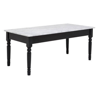 White and Grey Veining Marble Top Coffee Table with Black Carved Wooden Legs | Henley