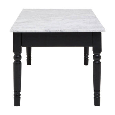 White and Grey Veining Marble Top Coffee Table with Black Carved Wooden Legs | Henley