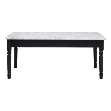 White and Grey Veining Marble Top Coffee Table with Black Carved Wooden Legs | Henley