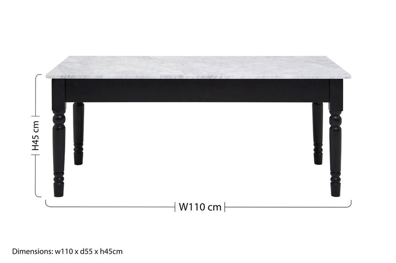 White and Grey Veining Marble Top Coffee Table with Black Carved Wooden Legs | Henley