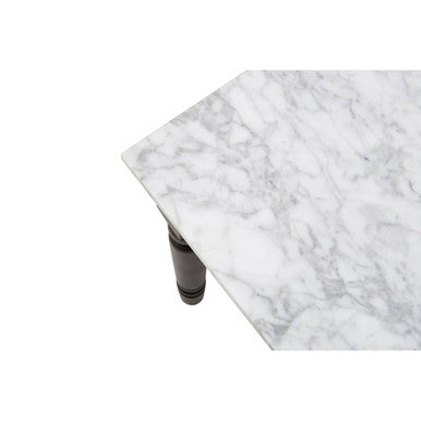 White and Grey Veining Marble Top Coffee Table with Black Carved Wooden Legs | Henley