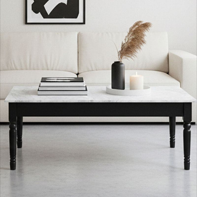 White and Grey Veining Marble Top Coffee Table with Black Carved Wooden Legs | Henley