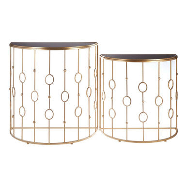 Set of 2 Art Deco Black Glass Tops Console Tables with Gold Slim Vertical Lines Frame | Faiza