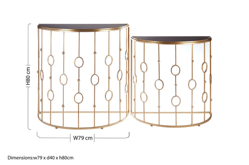 Set of 2 Art Deco Black Glass Tops Console Tables with Gold Slim Vertical Lines Frame | Faiza