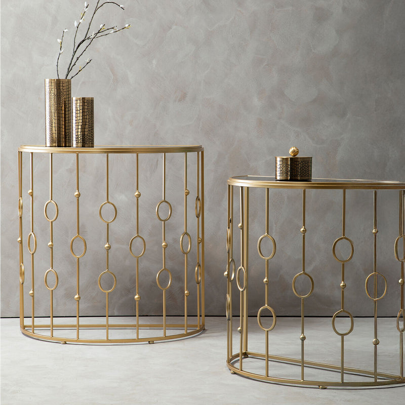 Set of 2 Art Deco Black Glass Tops Console Tables with Gold Slim Vertical Lines Frame | Faiza