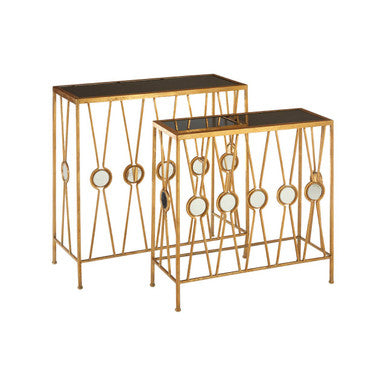 Set of 2 Art Deco Black Glass Top Console Tables with Gold Finish Metal Base | Faiza
