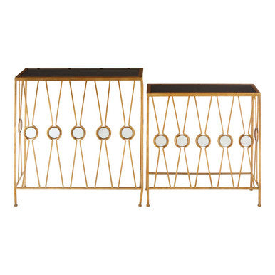 Set of 2 Art Deco Black Glass Top Console Tables with Gold Finish Metal Base | Faiza