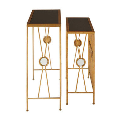 Set of 2 Art Deco Black Glass Top Console Tables with Gold Finish Metal Base | Faiza