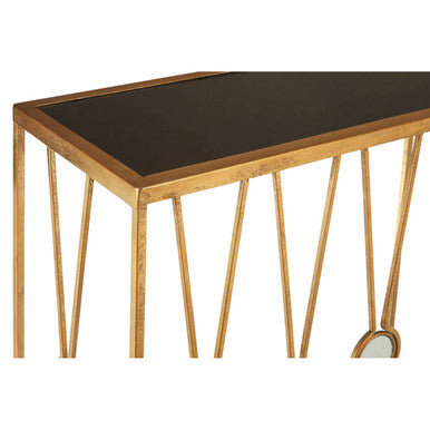 Set of 2 Art Deco Black Glass Top Console Tables with Gold Finish Metal Base | Faiza