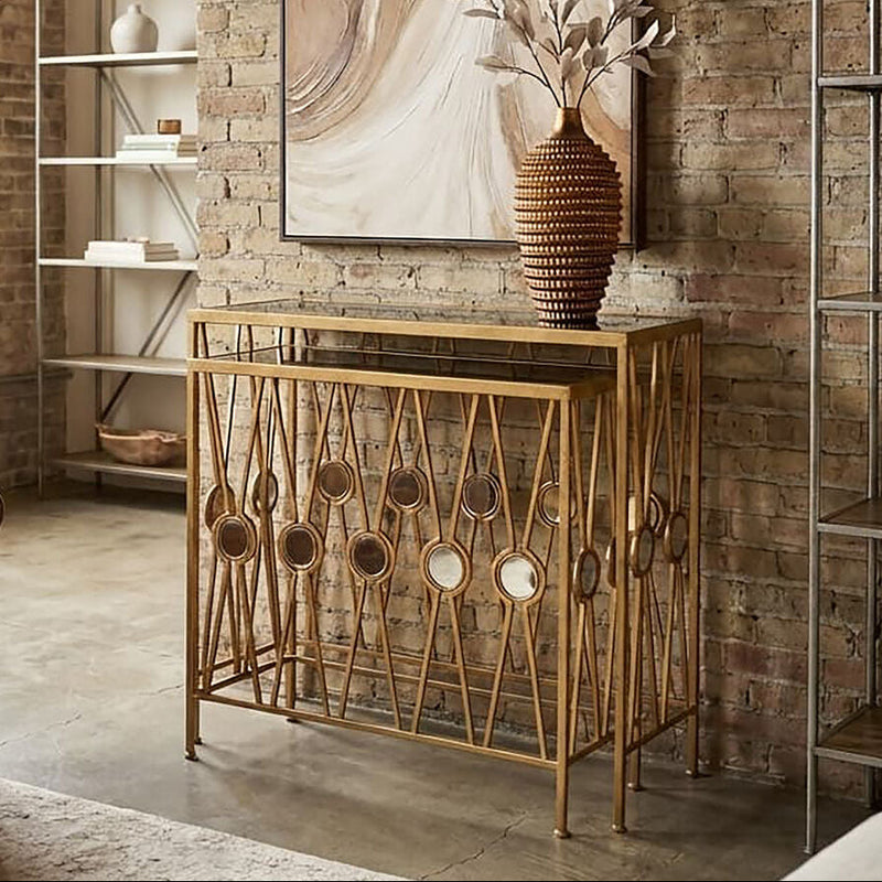 Set of 2 Art Deco Black Glass Top Console Tables with Gold Finish Metal Base | Faiza