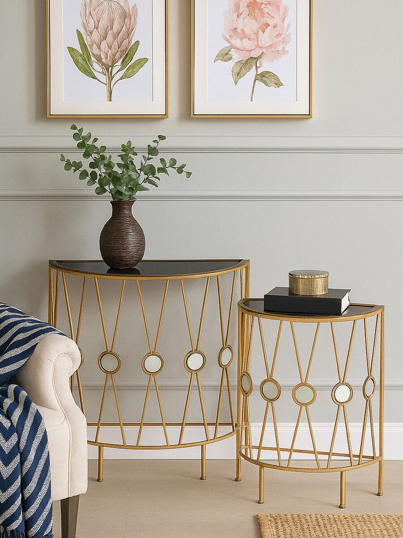 Set of 2 Black Glass Tops Console Tables with Gold Finish Cross Frame | Faiza