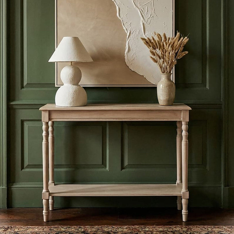 Grey Wooden Console Table with Spindle Legs and Bottom Shelf | Heritage
