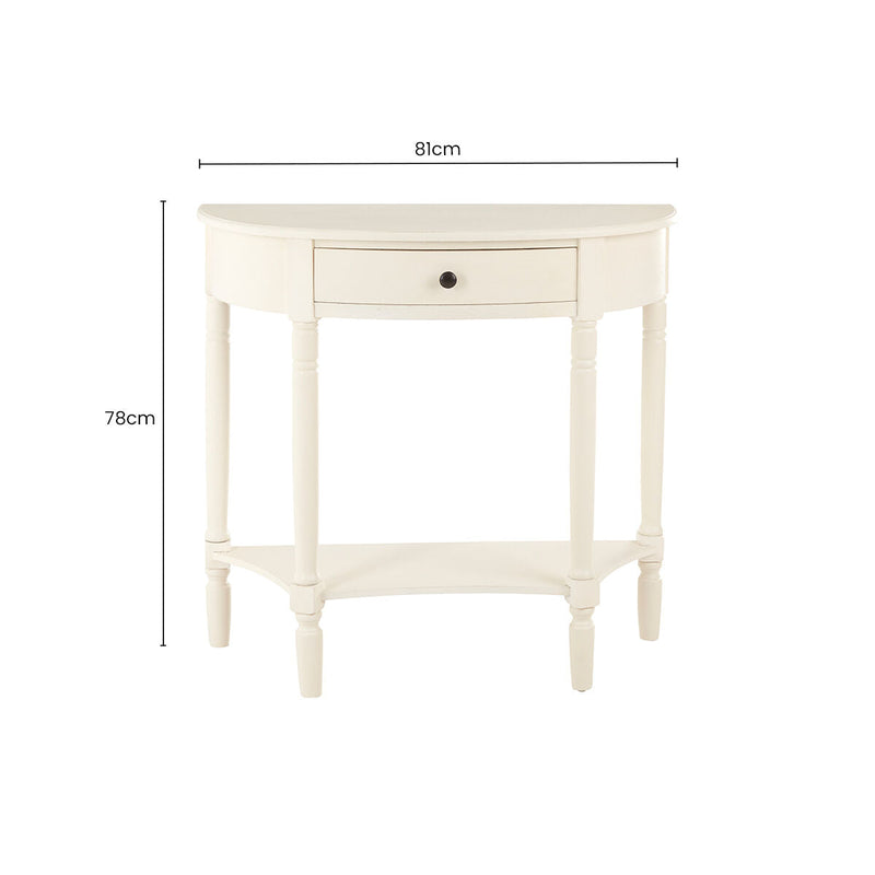 White Semi Circular Top Wooden One-Drawer Console Table with Lower Storage Shelf, Heritage