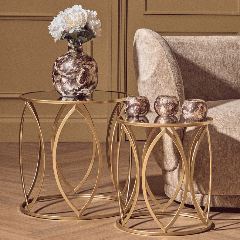 Set of 2 Gold Finish Metal Frame and Mirrored Top Side Tables | Arcana