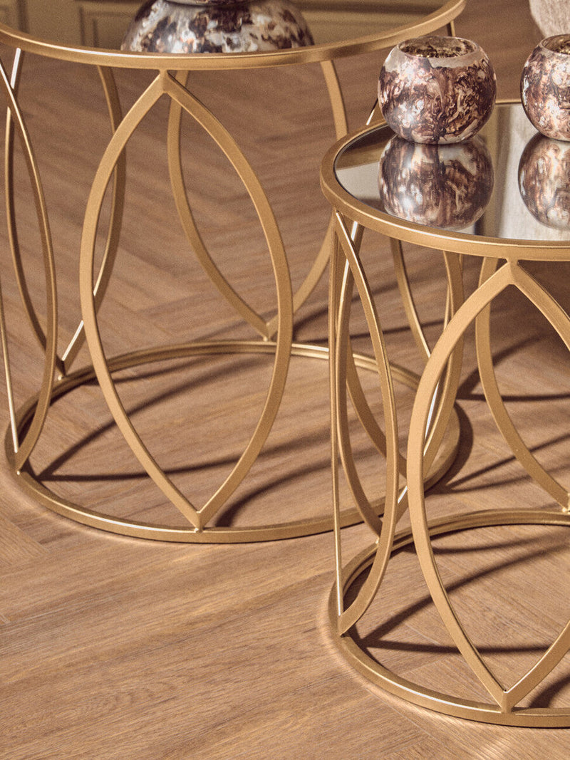 Set of 2 Gold Finish Metal Frame and Mirrored Top Side Tables | Arcana