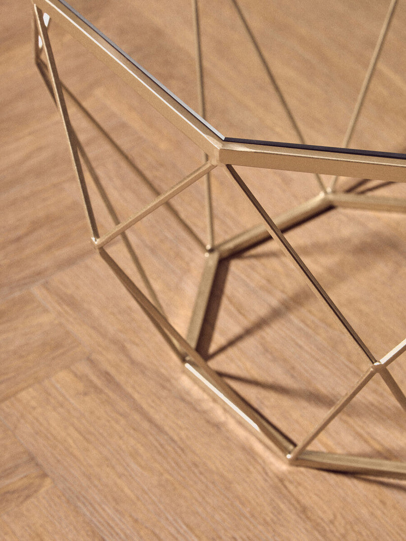 Set of 2 Gold Finish Geometric Design Side Tables with Tempered Glass Top | Arcana