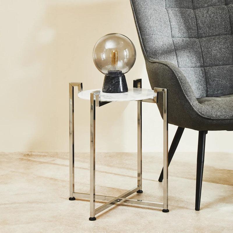 White Marble Top Side Table with Angular Chrome Metal Frame | Cibal