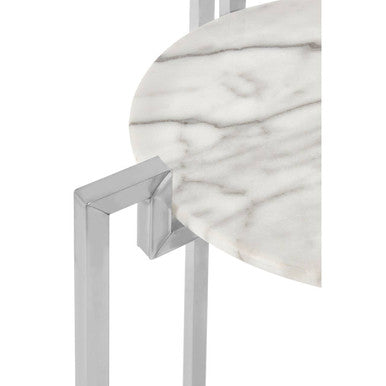 White Marble Top Side Table with Angular Chrome Metal Frame | Cibal
