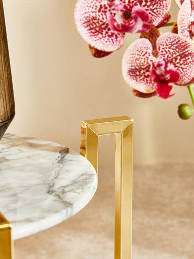 White Marble Top Side Table with Angular Gold Finish Metal Frame | Cibal