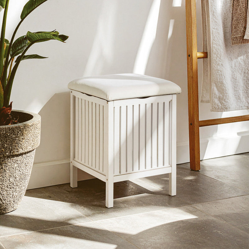 White Bathroom Storage Stool with Padded Seat | Salon