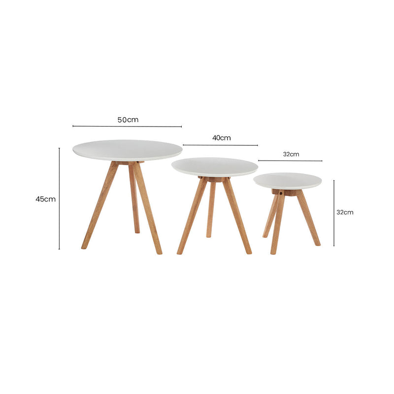 Set of 3 White MDF Top Side Tables with Natural Tapered Legs, Nostra