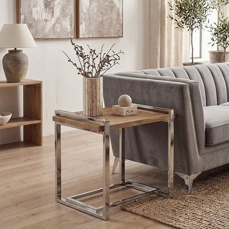 Natural Recycled Elm Wood Top Side Table with Metal Base | Menteng
