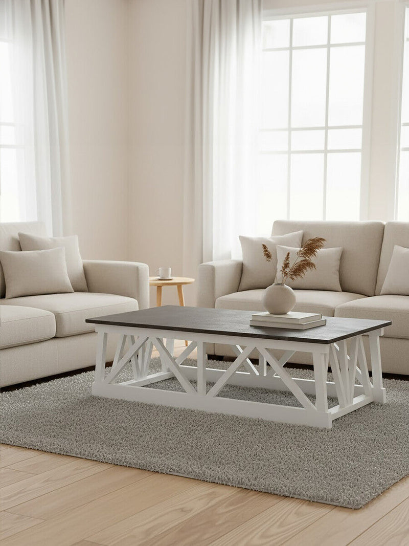 Stone Top Rectangular Coffee Table with White Alder Wood Base | Monas