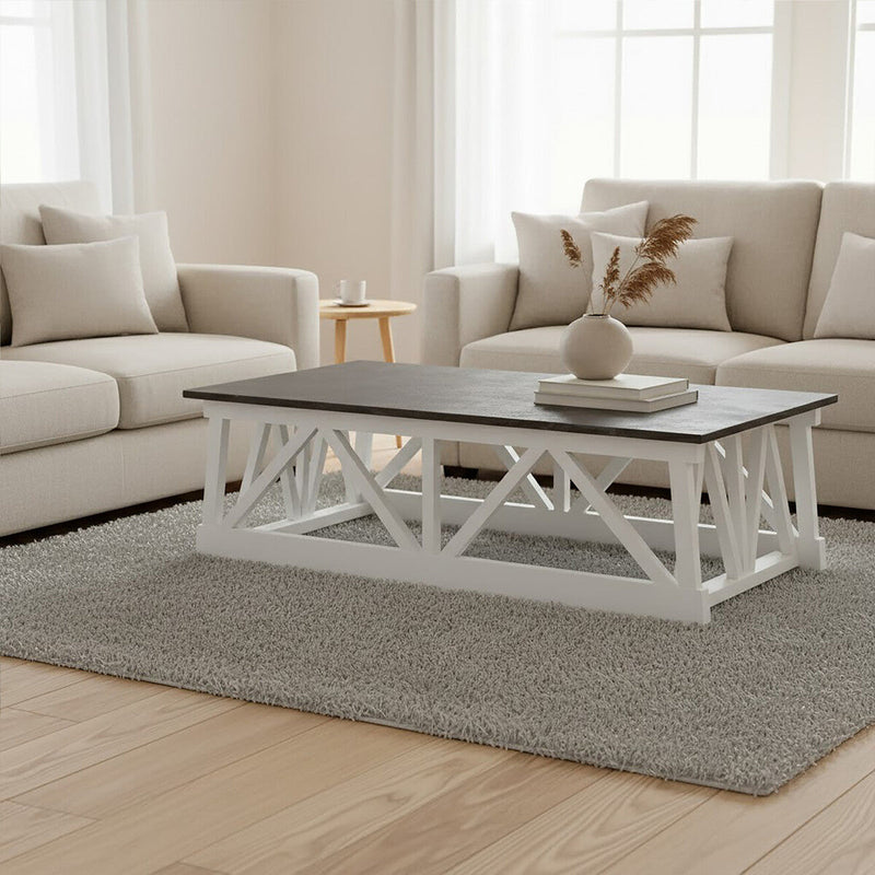 Stone Top Rectangular Coffee Table with White Alder Wood Base | Monas