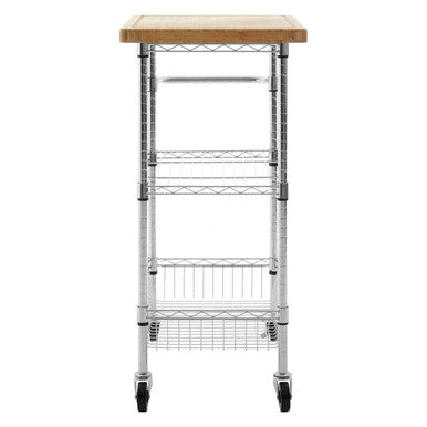 Silver and Natural 3 Tier Kitchen Trolley with Rubber Wood Top | Frankfurt