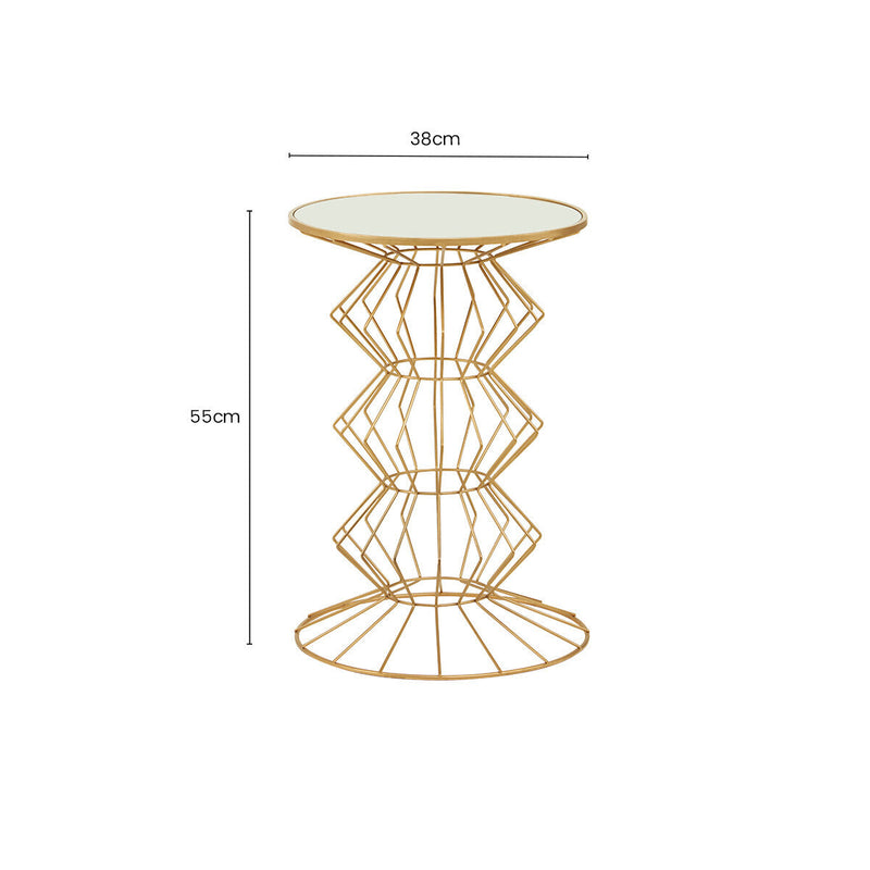 Mirrored Glass Top Side Table with Gold Finish Concertina Wireframe Metal Base | Yaxi