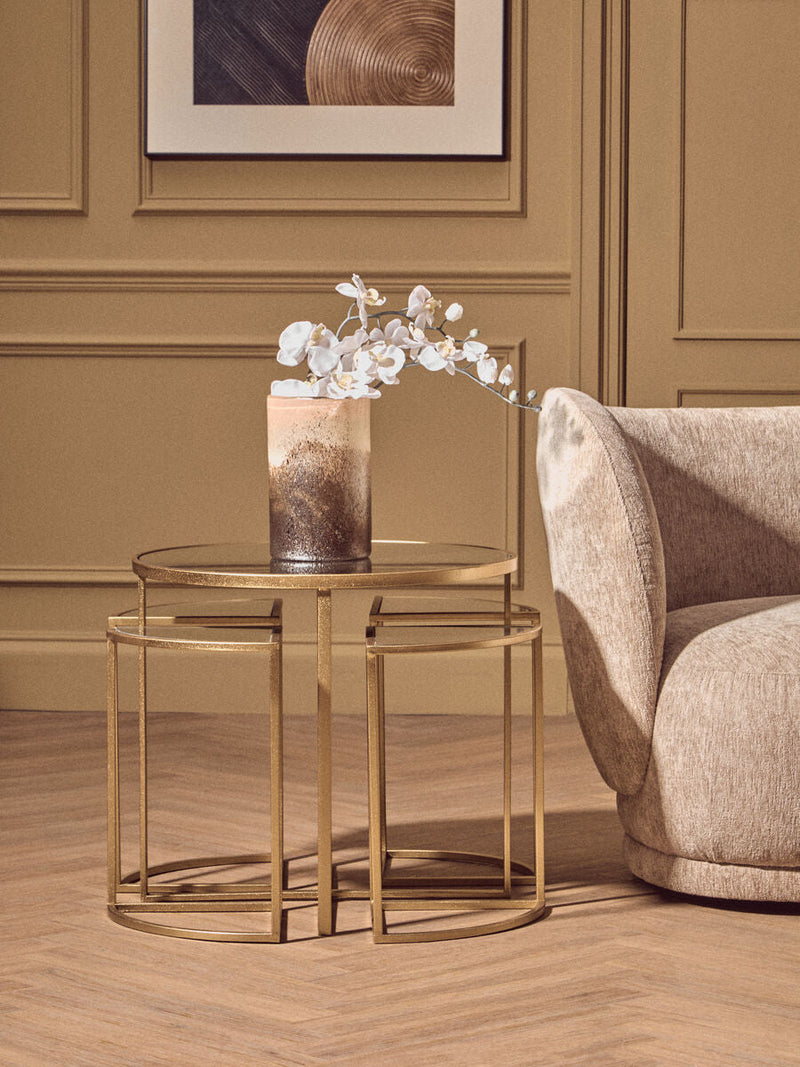 Set of 5 Champagne Gold Wood and Metal Nesting Tables with Glass Top | Farran