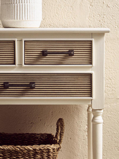 White Natural Wooden Console Table with 3 Carved Detail Drawers and Lower Shelf | Heritage