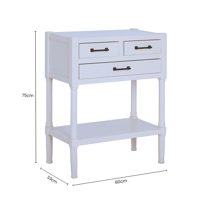 Pearl White Finish Wooden Console Table with Three Drawers and Lower Storage Shelf | Heritage