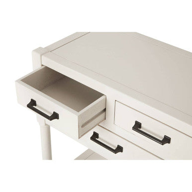 Pearl White Finish Wooden Console Table with Three Drawers and Lower Storage Shelf | Heritage