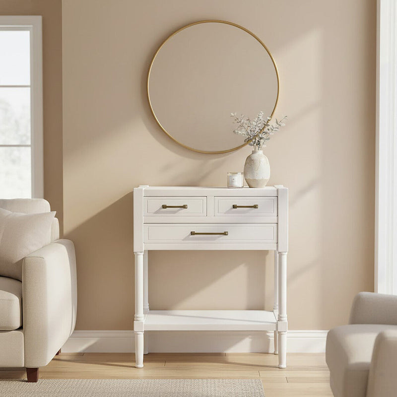 Pearl White Finish Wooden Console Table with Three Drawers and Lower Storage Shelf | Heritage