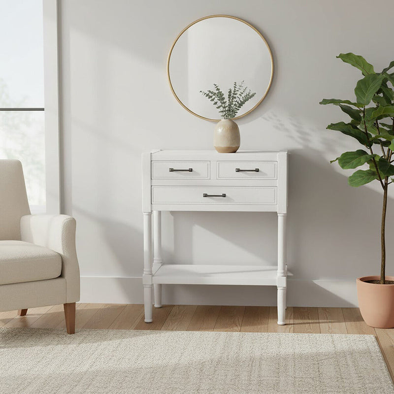 Pearl White Finish Wooden Console Table with Three Drawers and Lower Storage Shelf | Heritage