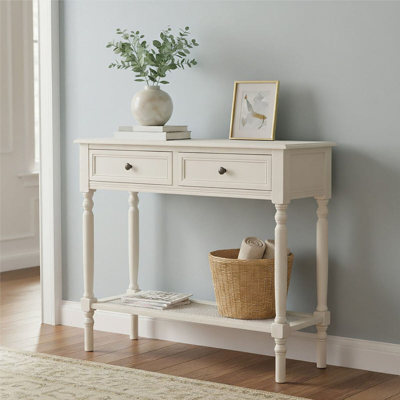 White Finish Wooden Console Table with 2 Drawers and Lower Storage Shelf | Heritage